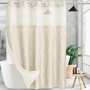 NEW Fabric Shower Curtain, Mesh Window Hook Free Removable Liner 71” W x 74” H